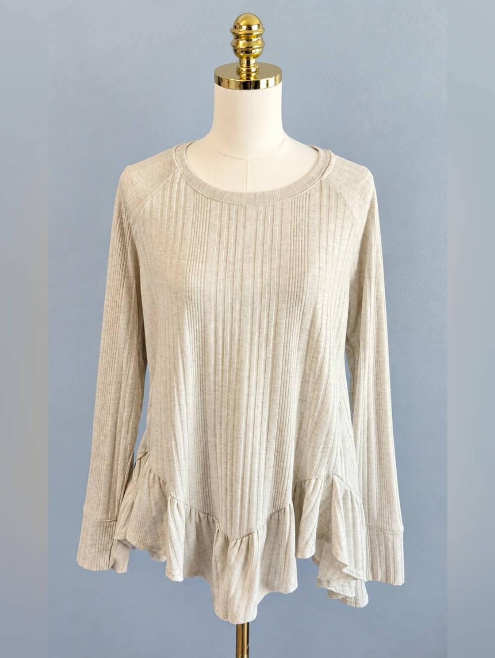 Wrangler Retro XL Cream Ribbed Ruffle Hem Long Sleeve Tunic Top